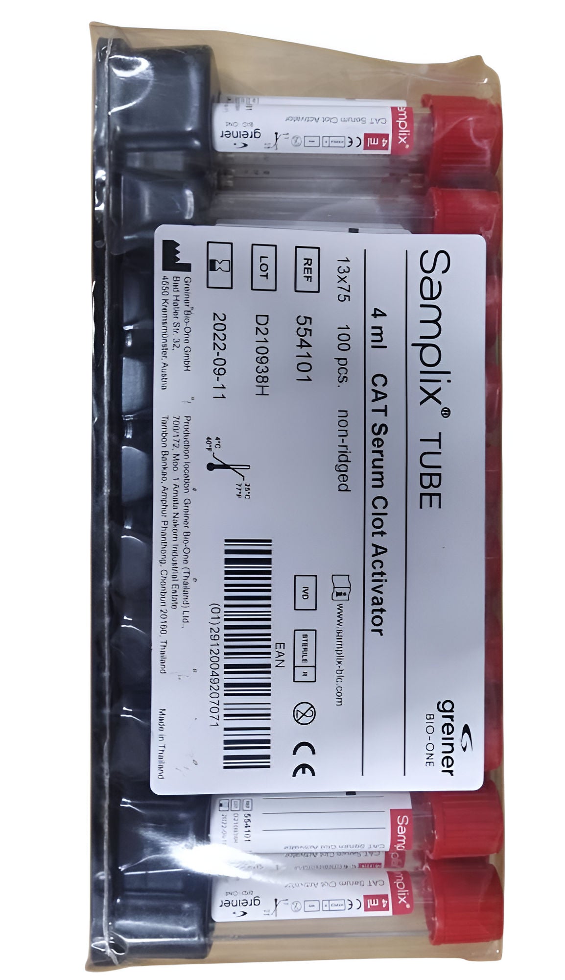 10 x Greiner Samplix Serum Clot Activator 4ml Red Cap Pull Type 554101 Box of 100 Tubes