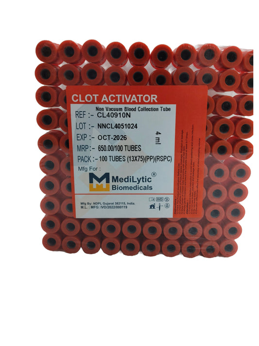 2 x  Medilytic Biomedicals Clot Activator Non Vaccum Blood Collection Tube - 4ml Pack of 100 Pieces (CL40910N)