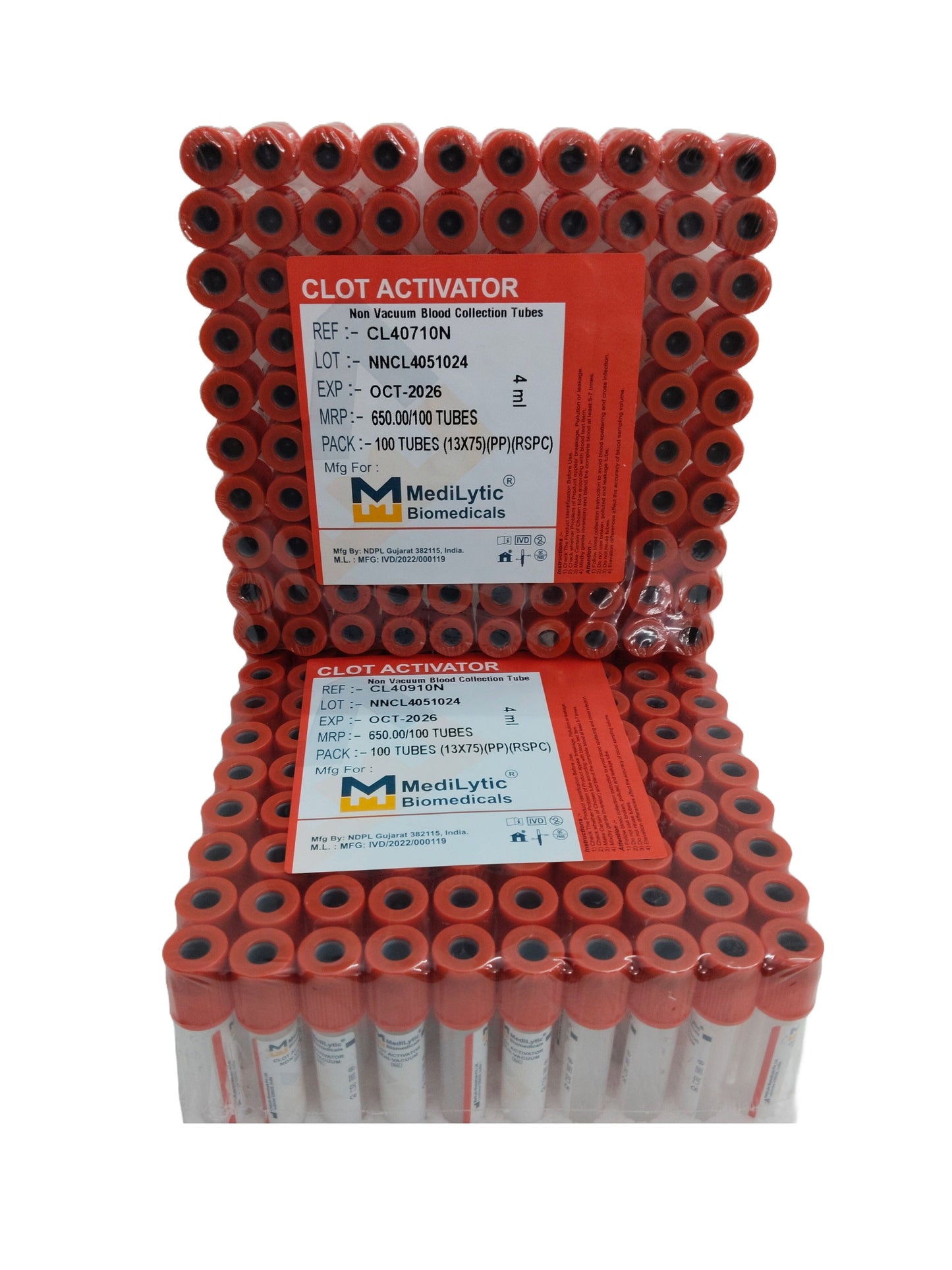 2 x Medilytic Biomedicals Clot Activator Non Vaccum Blood Collection Tube - 4ml Pack of 100 Pieces (CL40910N)