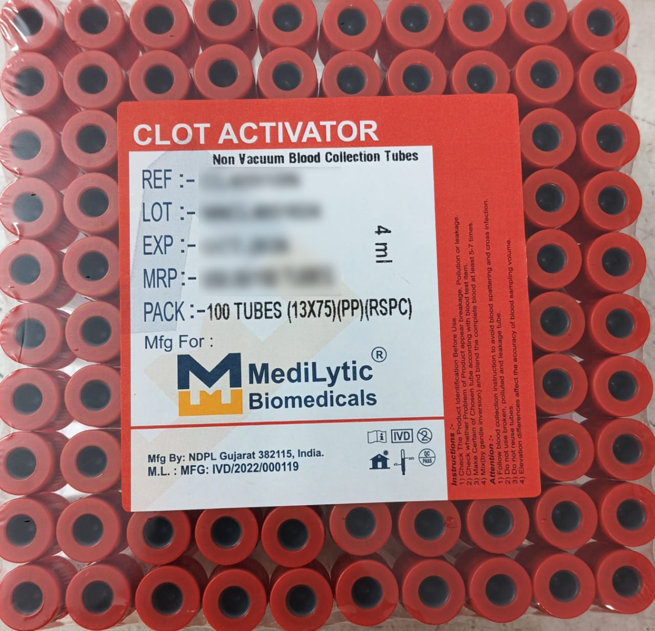 2 x Medilytic Biomedicals Clot Activator Non Vaccum Blood Collection Tube - 4ml Pack of 100 Pieces (CL40910N)