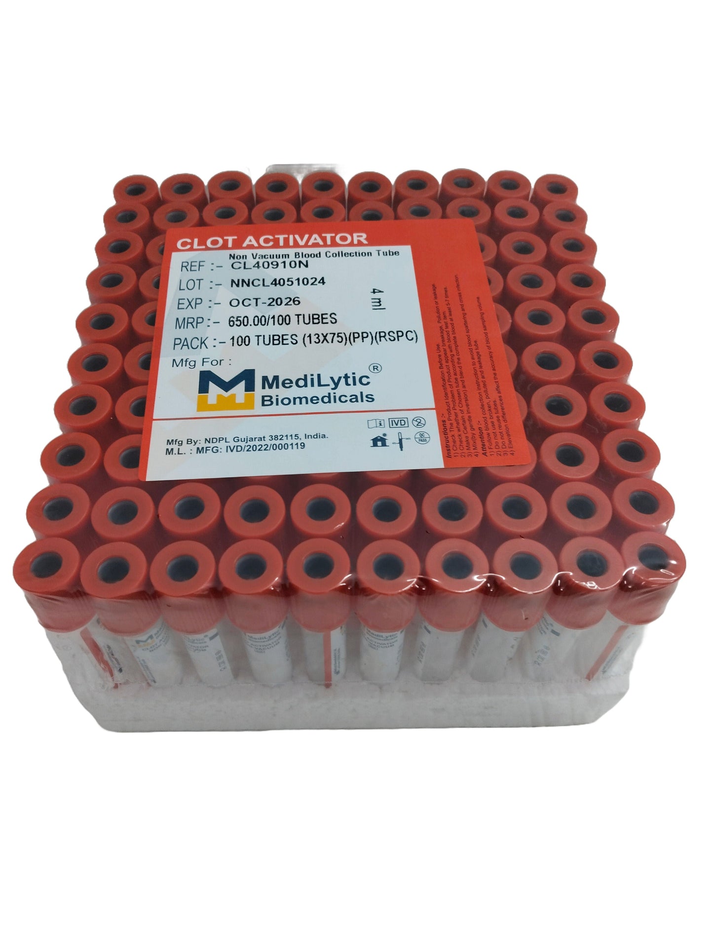 2 x Medilytic Biomedicals Clot Activator Non Vaccum Blood Collection Tube - 4ml Pack of 100 Pieces (CL40910N)